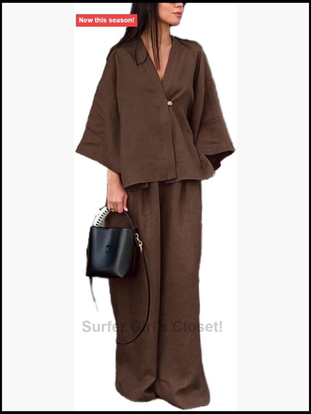 Cotton 2 Piece Outfits Batwing Sleeve V Neck Top Wide Leg Pants Loose Casual